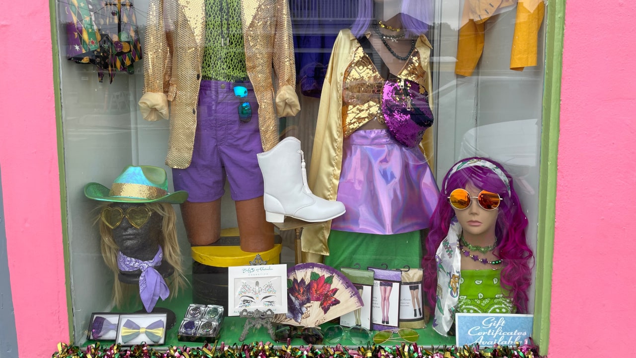 Mardi Gras accessories, clothing, and decor